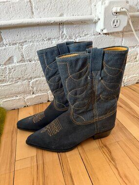 Vintage 1970s Acme Denim & Suede Cowboy Boots — Women's 5.5/6 D, Made in USA